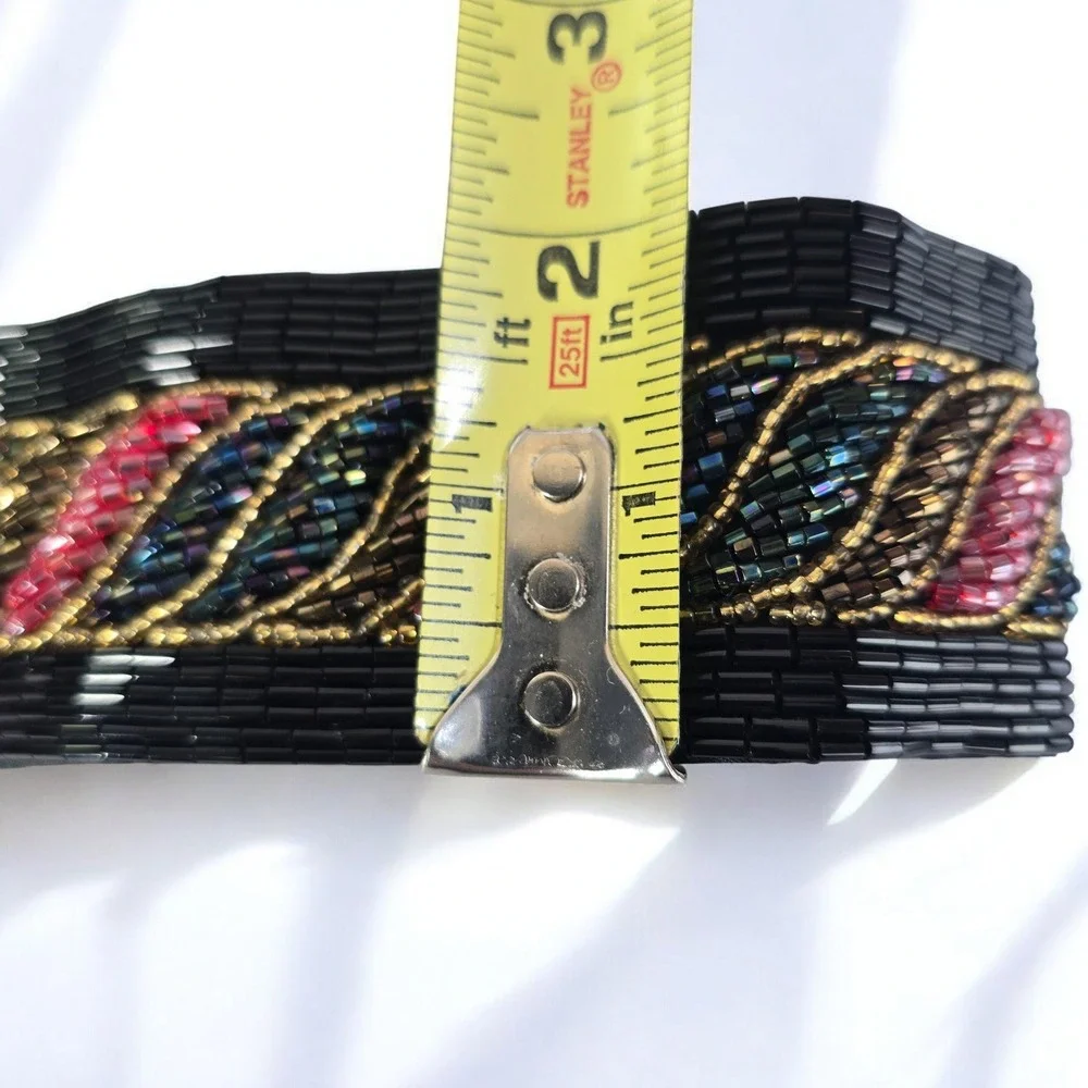 VTG Beaded Black Silk Belt Embellished with Gold‎ Pink Blue Red Geometric Design
